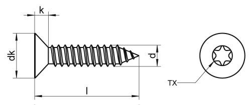 Plåtskruv, försänkt torx A4, DIN 9478 (styck)